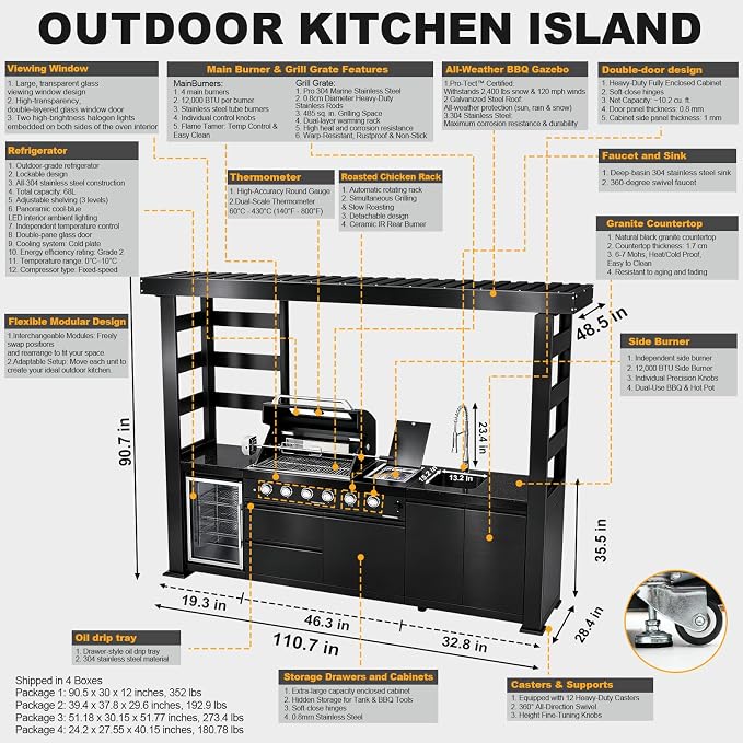 110.7" 4-Burner Modular Outdoor Kitchen Island, 72000 BTU Propane Gas Grill | Side Stove, Rear Infrared, Galvanized Steel Roof, Granite Countertop, Fridge, 360° Pull-Out Faucet,304 Sink, Rotisserie