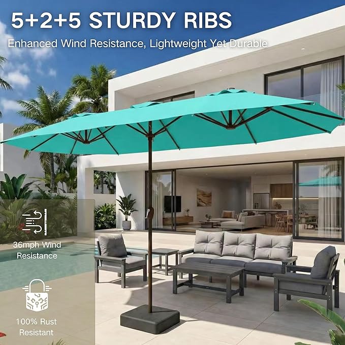 Kingdura 13ft Large Patio Umbrella with Base Included, Double-Sided Rectangle Outdoor Table Umbrella with 12 Reinforced Ribs, Crank Lift for Market Pool Deck Backyard, Tiffany blue