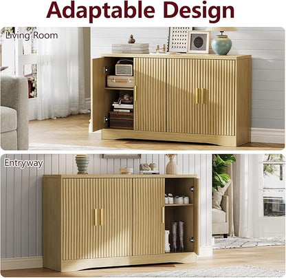 Memobarco 55" Modern Sideboard Buffet Cabinet with Storage, 4 Door Fluted Credenza Table Media Console Cabinet Entryway Cabinets with Adjustable Shelves for Living Room Kitchen, Wood