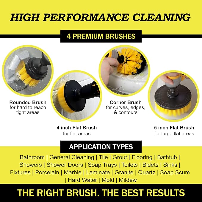 Drillbrush Electric Nylon Drill Brush Attachment Set for Bathroom Cleaning | Power Scrubber Brush Kit for Bathtub, Shower & Tile - Grout Cleaner Kit - All-Purpose Household Cleaning Brushes for Drill
