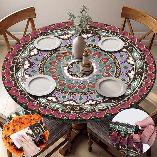 opstellen Fitted Round Tablecloth Waterproof Table Cloth Vinyl Indoor Outdoor Circle Cover for 36-44" Tables Dining Kitchen Apartment Home Party Gear Gifts Summer Fall Patio Picnic Camping Essentials
