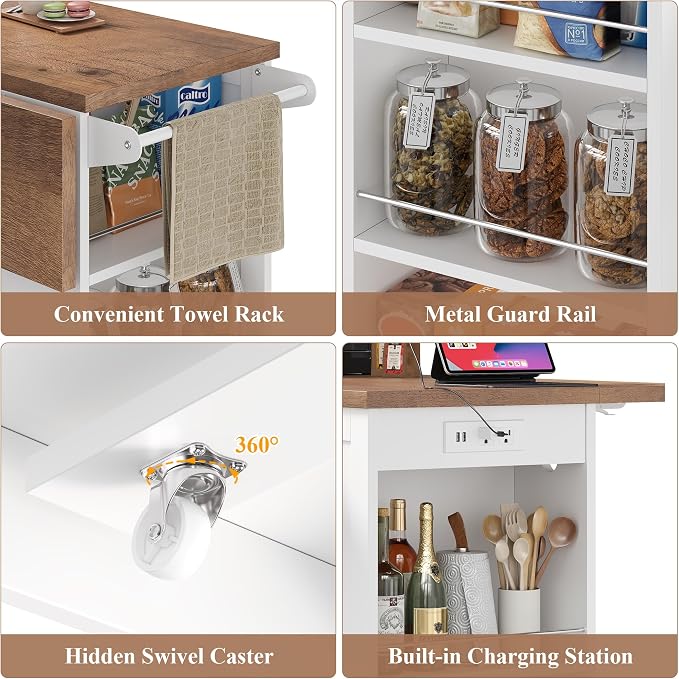 Kitchen Storage Island with 2 Stools, 51.2” Mobile Kitchen Cart with Drop Leaf & Power Outlet, Rolling Island Table Dining Room Buffet with 2 Drawers & Side Storage Rack &Towel Rack, White