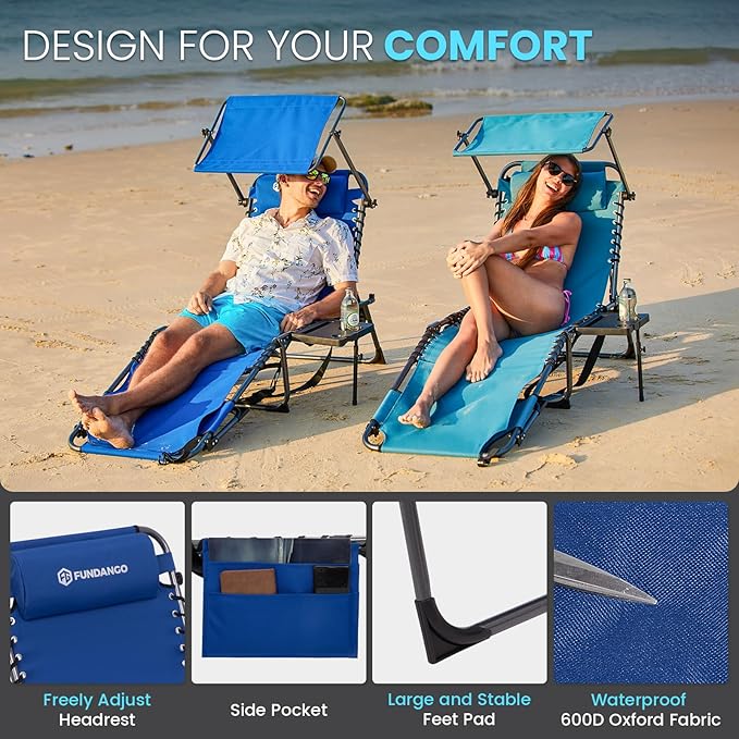 FUNDANGO 400lbs Tanning Chair with Face Hole & Canopy & Side Table, 5 Positions Beach Sunbathing Lounge Chair Facedown Chaise Lounge with Pillow for Pool Outdoor Camping Patio, Set of 2 Blue