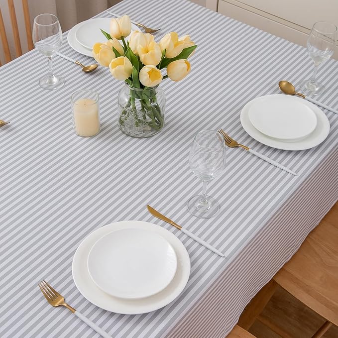 LIBERECOO 60" Round Vinyl Tablecloth with Flannel Backing, Gray Stripe Waterproof Plastic Table Cover for Indoor & Outdoor