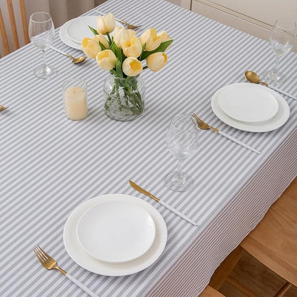 LIBERECOO 60" Round Vinyl Tablecloth with Flannel Backing, Gray Stripe Waterproof Plastic Table Cover for Indoor & Outdoor