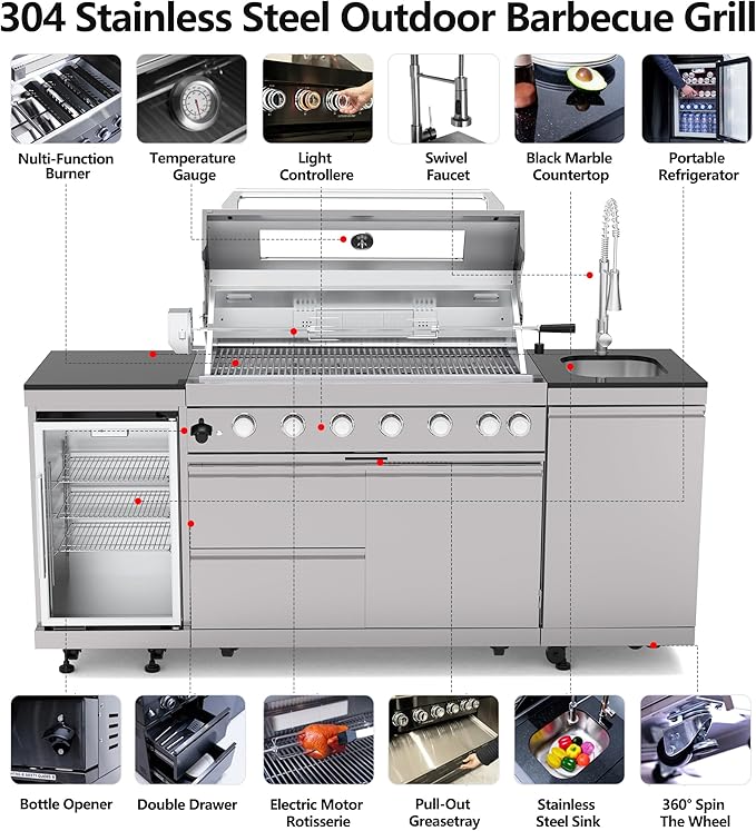 Outdoor Kitchen Island, 82 Inch 6 Burner Propane Gas Grill Combination With Refrigerator and Sink, Outdoor Stainless Steel Barbecue Bar, Propane Grill, 85000 BTU
