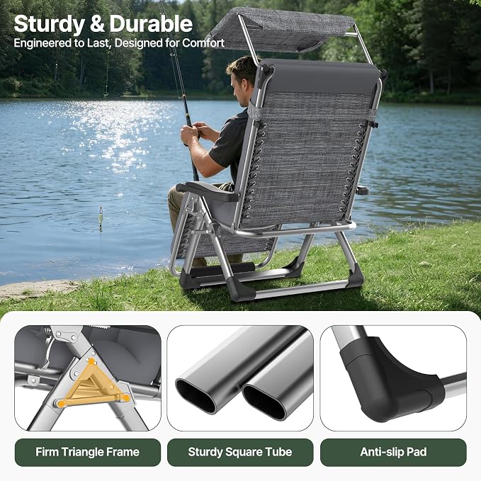 Suteck Zero Gravity Chair with Canopy,33In XXL Oversized Lounge Chairs | w/Removable Cushion&Headrest, Upgraded Lock and Footrest, Folding Reclining Patio Chairs Recliner for Indoor Outdoor