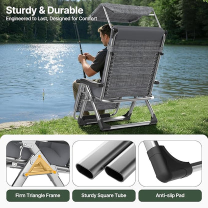 Suteck Zero Gravity Chair with Canopy,33In XXL Oversized Lounge Chairs | w/Removable Cushion&Headrest, Upgraded Lock and Footrest, Folding Reclining Patio Chairs Recliner for Indoor Outdoor