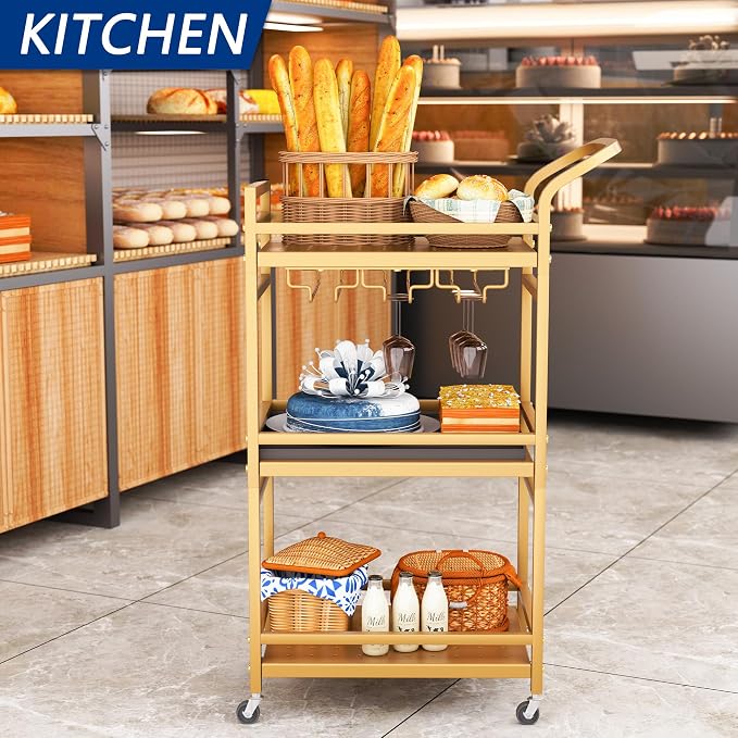 Soywey Bar Cart,Gold Bar Cart,Home Bar Serving Carts,3-Tier Alcohol cart,Cart with Wheels,Suitable for Restaurants, Bars, Kitchens,Gold Colours
