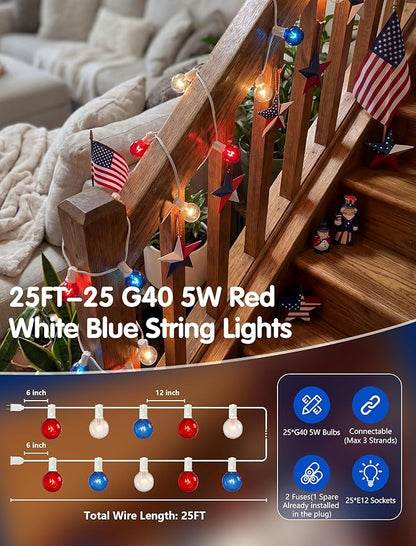 SUNSGNE 4th of July Decorations Outdoor Connectable String Lights with Waterproof Red White and Blue G40 Bulbs, 25 Feet for Garden Patio Patriotic Independence Day Theme Holiday Decor