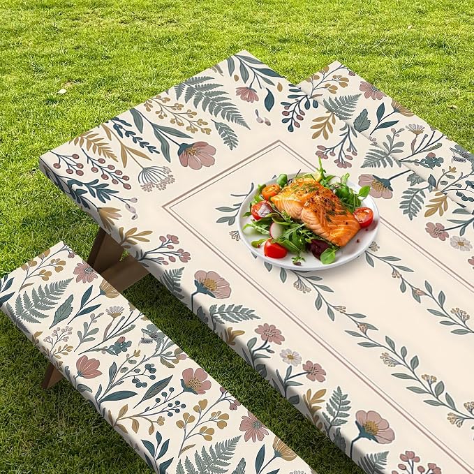 Picnic Table Cover with Bench Covers, Floral Vintage, 72 Inch, 3PCS | Camper waterproof fitted tablecloth with elastic edges outdoor camping essentials with drawstring bag