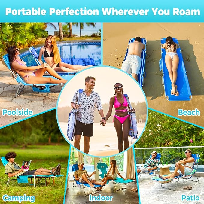 #WEJOY Folding Tanning Chair with Face Hole, 5 Positions Face Down Beach Lounge Chairs with Pillow for Outside Sunbathing Poolside (Cyan)
