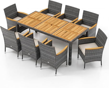 Tangkula 9 Pieces Outdoor Wicker Dining Set, Patio Dining Furniture Set with Acacia Wood Table and 8 Armchairs, Outdoor Table and Chairs Set with 1.96” Umbrella Hole and Cushions