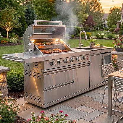 84" Outdoor Kitchen Island with 5-Burner 75,300 BTU Gas Grill,Rotisserie Oven,Mini Wine Fridge,Side Burner,Sink & Side Shelf.Included Natural Gas Converter,Movable BBQ Island for Patio & Backyard.