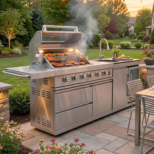 84" Outdoor Kitchen Island with 5-Burner 75,300 BTU Gas Grill,Rotisserie Oven,Mini Wine Fridge,Side Burner,Sink & Side Shelf.Included Natural Gas Converter,Movable BBQ Island for Patio & Backyard.