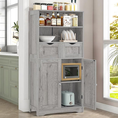 Iwell Storage Cabinet with 2 Drawers & Adjustable Shelf, Tall Bathroom Cabinet with Doors, Cupboard, Kitchen Cabinets for Living Room, Dining Room, Entryway, Grey