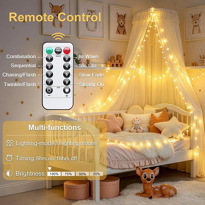 JMEXSUSS Remote Control String Lights Battery Operated Classroom Lights | Waterproof, 66ft 200 LED Warm White Christmas Lights Outdoor Indoor, Twinkle Classroom Dorm Lights for Bedroom Patio Decor