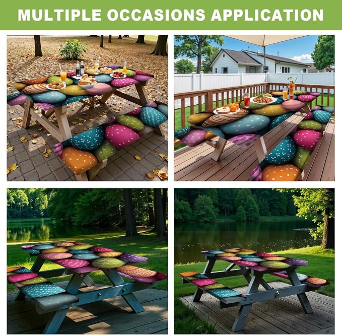 ANNA QUEEN Easter Holiday 6FT Picnic Table Cover with Bench Covers Set of 3 with Drawstring Bag, Colorful Easter Eggs 72"x30" Waterproof Fitted Picnic Tablecloth & Bench Covers for Outdoor Dining