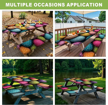 ANNA QUEEN Easter Holiday 6FT Picnic Table Cover with Bench Covers Set of 3 with Drawstring Bag, Colorful Easter Eggs 72"x30" Waterproof Fitted Picnic Tablecloth & Bench Covers for Outdoor Dining