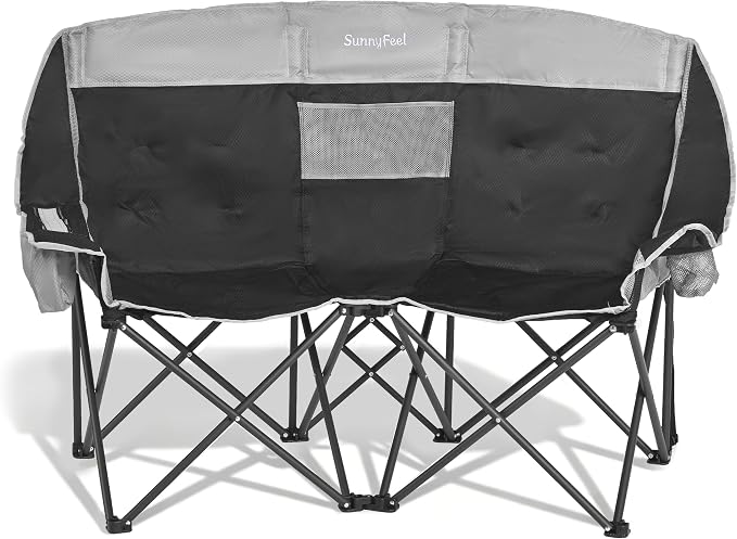 SUNNYFEEL Double Camping Chair Oversized Loveseat for Adults | 600LBS Heavy Duty Padded Camping Couch with Cup Holder, Cooler, Storage Pockets & Carry Bag for Outdoor/ Lawn/ Backyard
