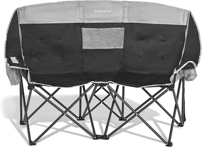 SUNNYFEEL Double Camping Chair Oversized Loveseat for Adults | 600LBS Heavy Duty Padded Camping Couch with Cup Holder, Cooler, Storage Pockets & Carry Bag for Outdoor/ Lawn/ Backyard