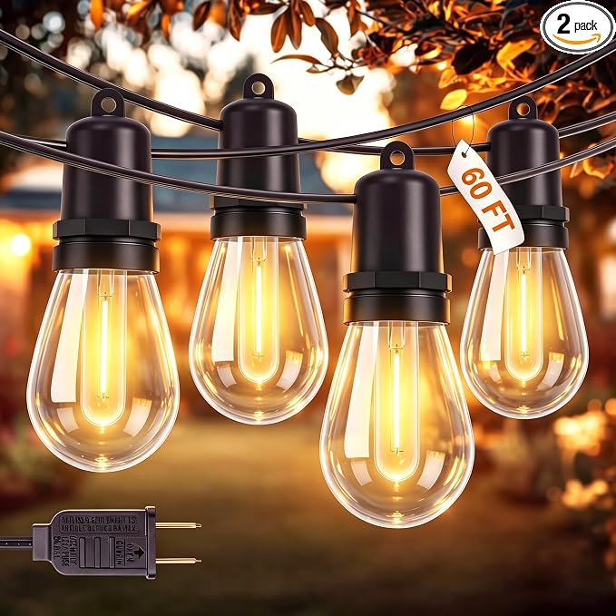 60FT Outdoor String Lights with 20+2 Shatterproof LED Bulbs | Hanging Lights for Patio Weatherproof , Warm White, Connectable Lights Plug in for Party, Cafe, Bistro and Backyards (2 Pack)