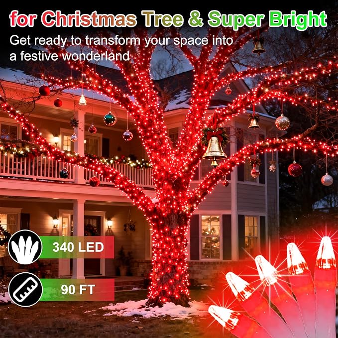 WUXYIYANG 340 LED 90FT Red & Light Green Valentine Lights, 12 Pro Modes and Timer Memory & Dimmable, Plug in Clear Wire Indoor Valentine Room Light for for Xmas Bedroom Yard Tree Wedding Party Decor