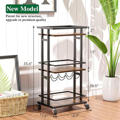 OKZEST 3-Tier Bar Cart for Home, Mini Rolling Liquor Cabinet & Serving Cart | Small alcohol coffee bar cart for party, Holds wine, liquor, beverage, glassware, shaker, coffee supplies, Rustic farmhouse