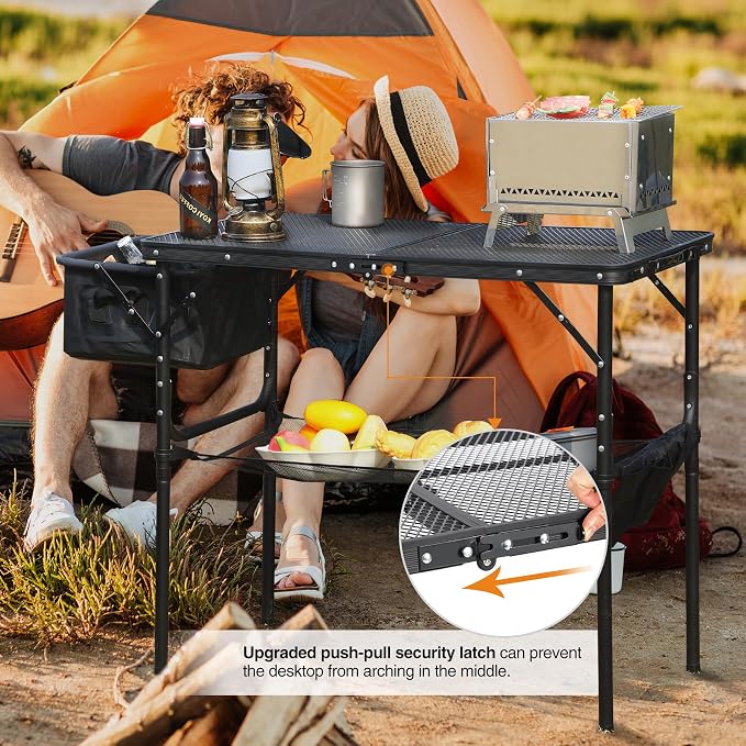 Portable Grill Table with Sink for Outside, Aluminum Frame Folding Grill Stand Table for Outdoor Camping Picnic BBQ, Lightweight Adjustable Height, 36 x 20 x 31 Inches, Black
