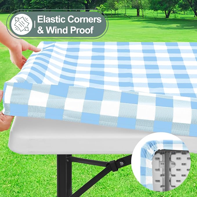 Buffalo Rectangle Picnic Tablecloth, 8 Foot Elastic Fitted Vinyl Table Cloth with Flannel Backing, Waterproof Plaid Table Covers for Dining, Camping, Outdoor (Baby Blue and White, 30" x 96")