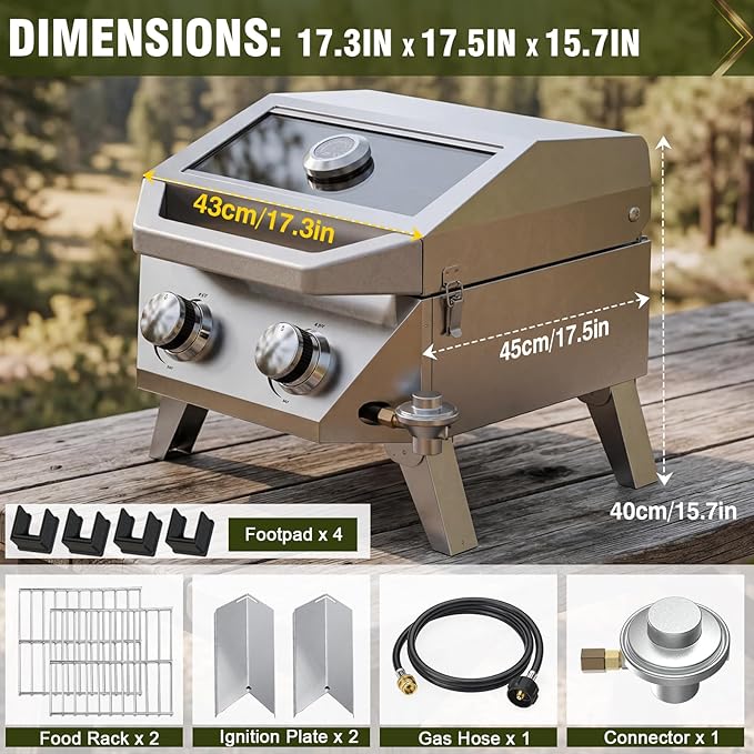 BESTFIRE 2-in-1 Portable Propane Grill, 20,000 BTU 2-Burner Tabletop Gas Grill for Camping & RV, Stainless Steel BBQ with Viewing Glass Lid, Thermometer & Dual-Gas Connection
