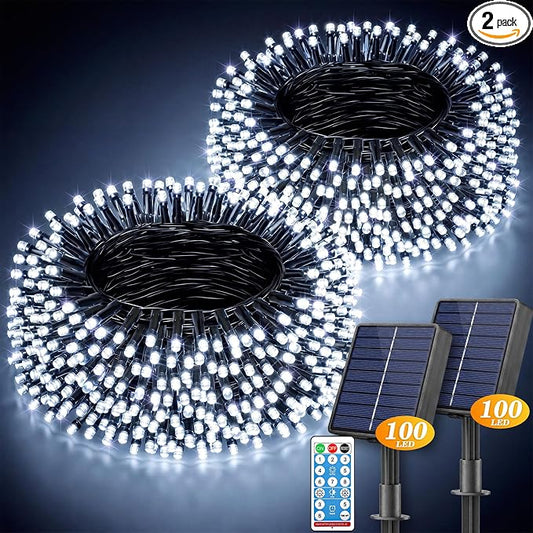 LitHome 2 Pack Solar String Lights Outdoor with Remote, Total 200LED 66FT | Solar Christmas Lights Outside Waterproof, 8 Modes String Light for Xmas Patio Garden Party Yard Tree Decor, Cool White