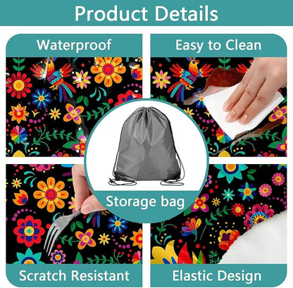 JAWO Mexican Picnic Table Cover Set with Bench Covers Camping Theme Tablecloth 6FT Fitted Picnic Table Cover with Elastic Windproof and Waterproof Fabric, Camping Accessories Patio & Outdoor