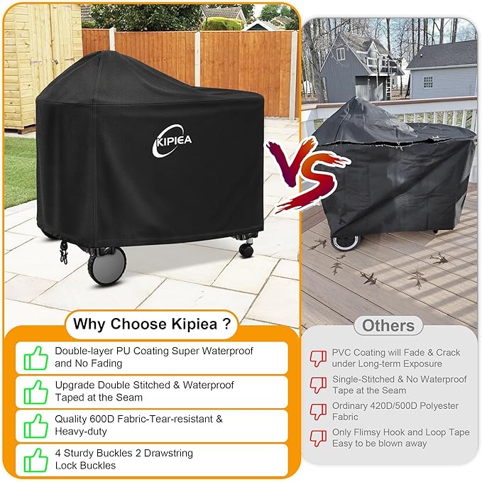 Kipiea 600D Heavy Duty Grill Cover for Weber 22 Inch Premium Charcoal and Smart Charcoal Grill - Performer Grill Cover with 4 Buckles, Wind Resistant Anti UV & No Tears(49" W X 25.5" D X 40" H)