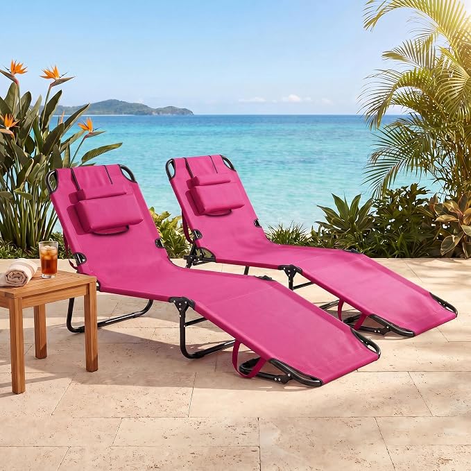 Goplus Tanning Chair, Folding Beach Lounge Chair with Face Hole, Removable Pillow, Carry Strap, Position Adjustable, Sunbathing Chair, Portable Outside Lounge Chair for Patio Pool
