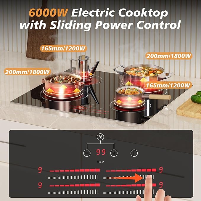 4 Burner Electric Cooktop 24 Inch, 6000W Cooktop Electric Slide Controls, Built in Electric stove top, Glass Protection Metal Frame, 9 Power Levels, Safety Lock, Timer, 240V Hard Wire(No Plug)