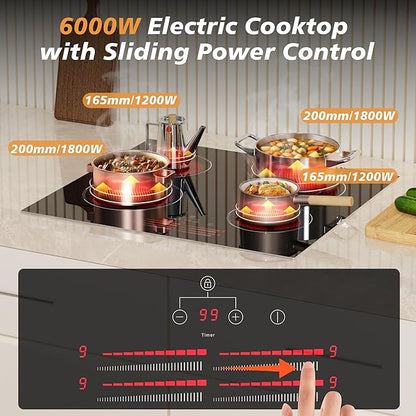 4 Burner Electric Cooktop 24 Inch, 6000W Cooktop Electric Slide Controls, Built in Electric stove top, Glass Protection Metal Frame, 9 Power Levels, Safety Lock, Timer, 240V Hard Wire(No Plug)