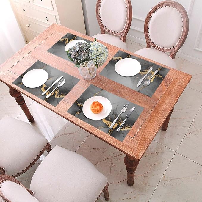 Black Gray Gold Marble Placemats Set of 4 Linen Decorative Table Mat | For Dining Table Kitchen Farmhouse Outdoor Home Decor 12"x18" Abstract Modern Place Mats