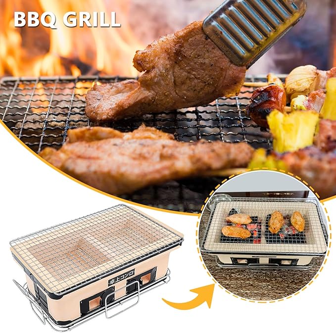 BBQ Charcoal Grill, Japanese Ceramic Clay BBQ Hibachi Grill Portable Yakitori Stove with Food Tongs for Camping, Outdoor, Indoor, Beige