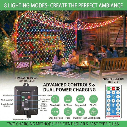 Pooqla Solar Net Lights, 10x10ft 280LED Gazebo Net Lights Outdoor with 8 Modes, Solar & USB Powered Waterproof String Lights Clear Wire, Chandelier for Pergolas, Patio, Bush, Backyard Decor Colorful