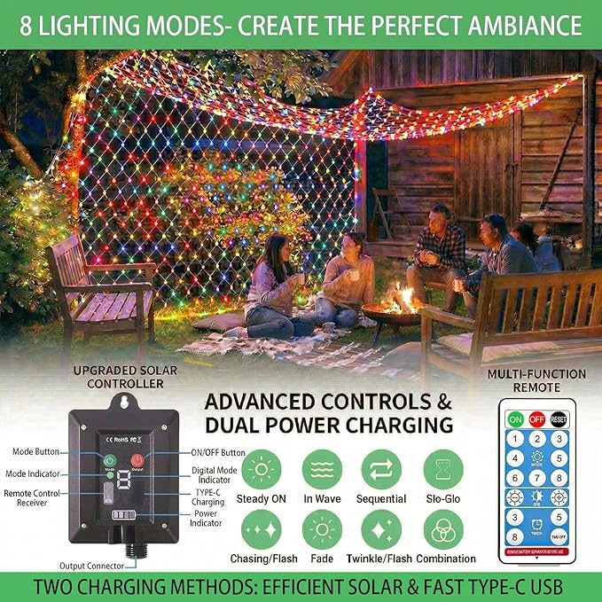 Pooqla Solar Net Lights, 21x5ft 360LED Christmas Net Lights Outdoor with 8 Modes, Solar & USB Powered Waterproof Green Wire Net Mesh String Lights for Bush Backyard Patio Decor, Colorful
