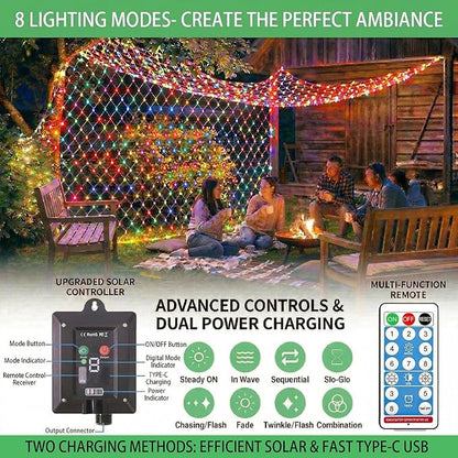 Pooqla Solar Net Lights, 21x5ft 360LED Christmas Net Lights Outdoor with 8 Modes, Solar & USB Powered Waterproof Green Wire Net Mesh String Lights for Bush Backyard Patio Decor, Colorful