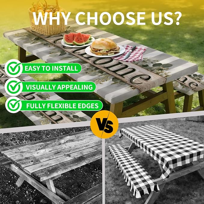Picnic Table Cover with Bench Covers, 72 X 30 Inch Elastic Fitted Camping Tablecloth with Strap Design for 6FT Rectangle Tables, Windproof Outdoor Tablecloth Set with Storage Bag