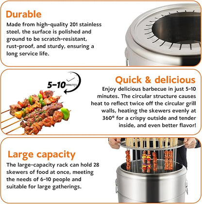 Portable Barbecue Charcoal Barrel Grill, Stainless Steel Surround Charcoal kebab Grill with 28 Skewers Grilling Accessories Set, for Travel Camping Picnic Patio Backyard - Diameter 15.4 inch