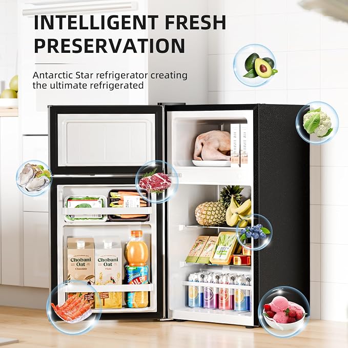 Antarctic Star Compact Mini Fridge with Freezer,Double Door with Adjustable Thermostat,Small Fridge Removable Shelves for Dorm/Office,2.45 Cu.Ft,STEEL