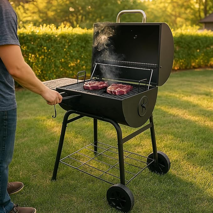 Grill Boss 30 Inch Barrel Charcoal Grill with Adjustable Grate, Large Cooking Area, Built In Temperature Gauge, and Durable Cast Iron Grates, Black