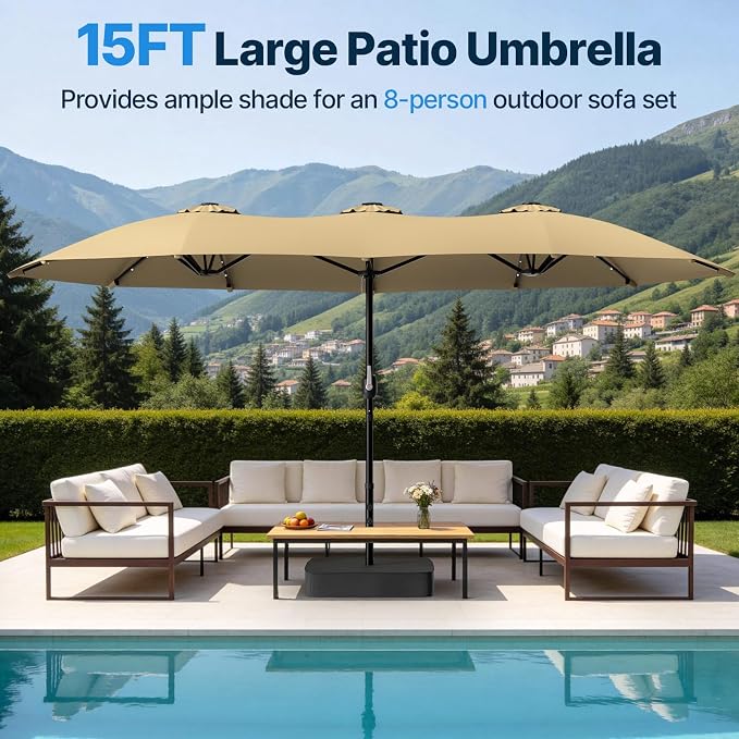 Suteck 15FT Patio Umbrella with Base & Solar Lights, Khaki | Double-Sided, Crank Handle, UV & Fade Resistant Canopy, Poolside, Backyard, Deck, Market