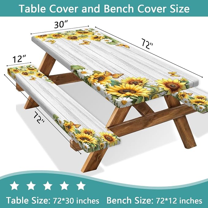 Picnic Table Cover with Bench Covers Elastic Edges, White Wooden Sunflower Butterfly Fitted Table Cover, Outdoor Patio Camping Essentials 3PCS, Waterproof Camping Tablecloth with Drawstring Bag 72in