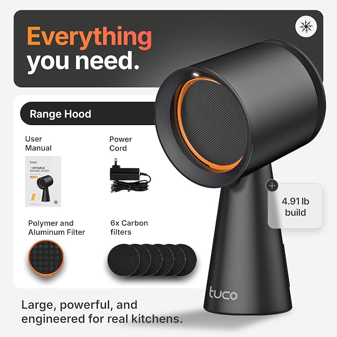 TUCO Portable Range Hood, Countertop Kitchen Exhaust Fan with 3 Speeds, 5-Layer Filter, Powerful Smoke Removal, Low Noise, Oil Cup, Air Purifier for Apartments, Dorms & Indoor BBQ Smokeless – Black