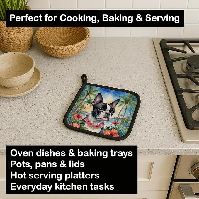 Caroline's Treasures Boston Terrier Luau Pair of Pot Holders Kitchen Heat Resistant Pot Holders Sets Oven Hot Pads for Cooking Baking BBQ, 7 1/2 x 7 1/2